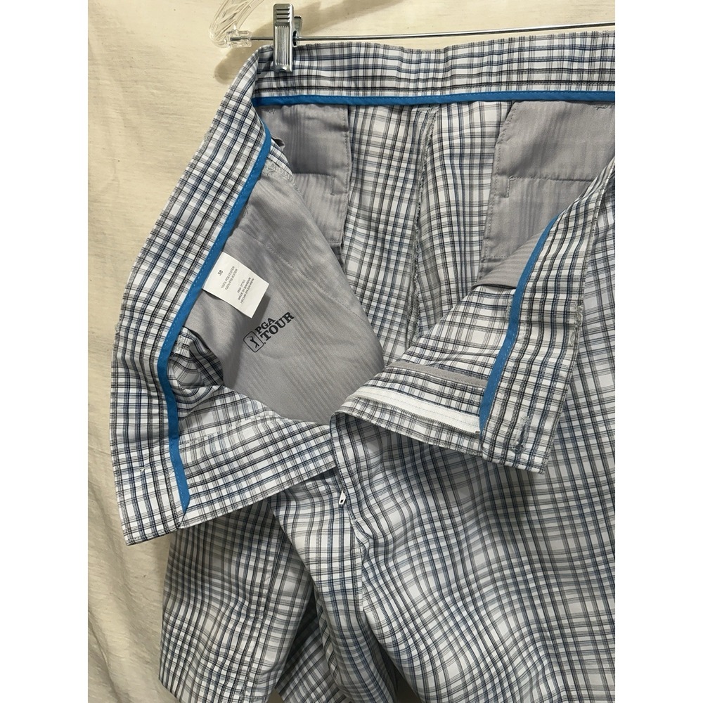 PGA Tour Golf Shorts Mens 38 BLUE BLACK CHECK Flat Front Button closure - Picture 6 of 8